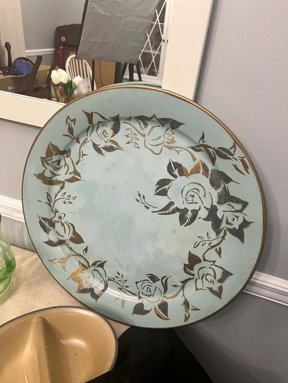 Vintage Light Blue and Gold Floral Metal Serving Tray